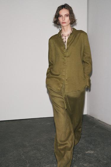 ZW COLLECTION 100% LINEN PALAZZO TROUSERS - Olive green by Zara