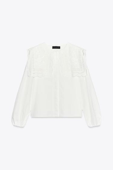 ZW COLLECTION EMBROIDERED COLLAR POPLIN SHIRT - Oyster-white by Zara