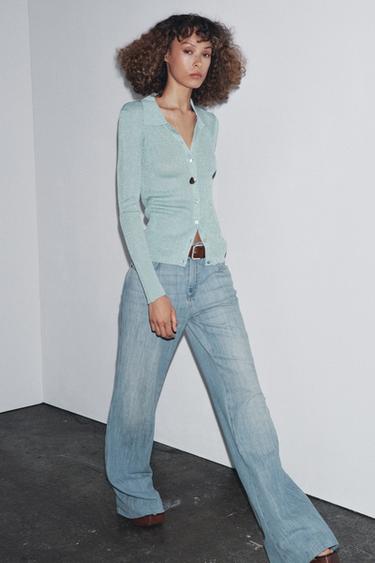 METALLIC THREAD KNIT POLO TOP - Pastel blue by Zara - Image 0