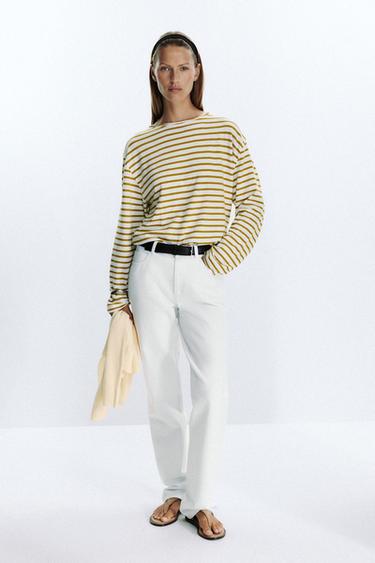 SLUB STRIPED COTTON T-SHIRT - Green stripe by Zara