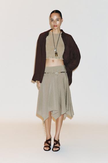 STRIPED ASYMMETRIC BELT MIDI SKIRT - Beige-brown by Zara - Image 0