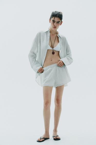 STRIPED GAUZE PYJAMA SHORTS - White / Green by Zara - Image 0
