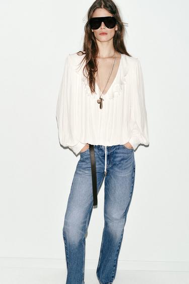 SATIN BLOUSE WITH RUFFLES AND SHOULDER PADS - Ecru by Zara