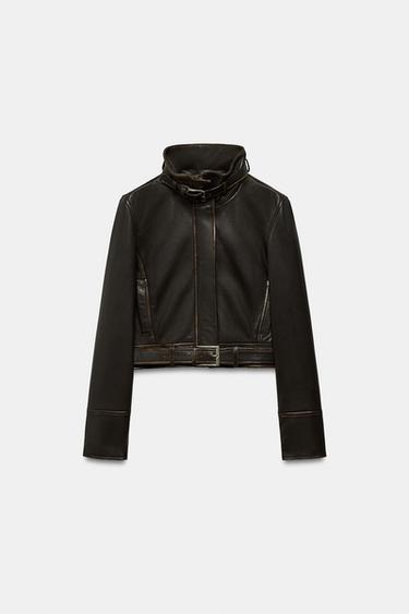 DISTRESSED 100% LEATHER JACKET - Dark brown by Zara
