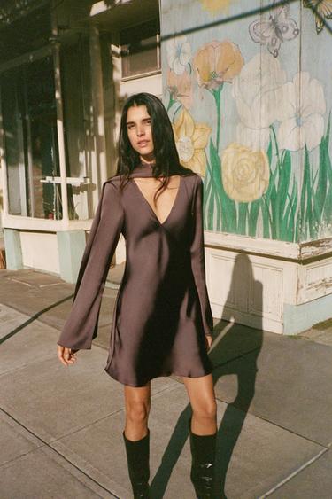 SATIN DRESS WITH FOULARD - Chocolate by Zara