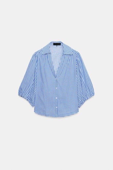 LINEN BLEND GINGHAM SHIRT - Ecru / Blue by Zara