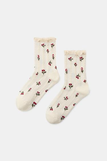 FLORAL PRINT LACE TRIM SOCKS - Ecru by Zara
