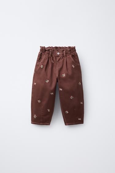 EMBROIDERED FLORAL TWILL BAGGY TROUSERS - Burgundy by Zara