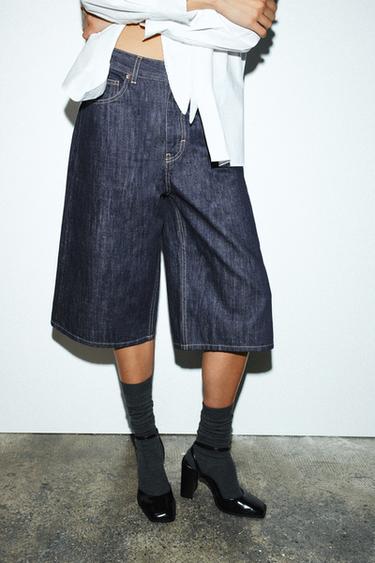 TRF MID-WAIST DENIM JORTS BERMUDA SHORTS - Dark indigo by Zara