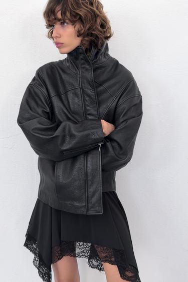OVERSIZED 100% LEATHER JACKET - Black by Zara