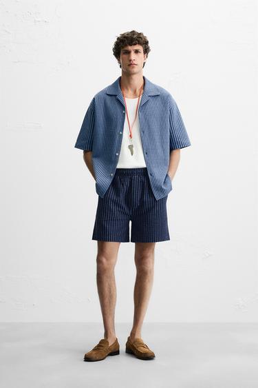 RELAXED FIT SEERSUCKER BERMUDA SHORTS - Blue / Navy by Zara - Image 0