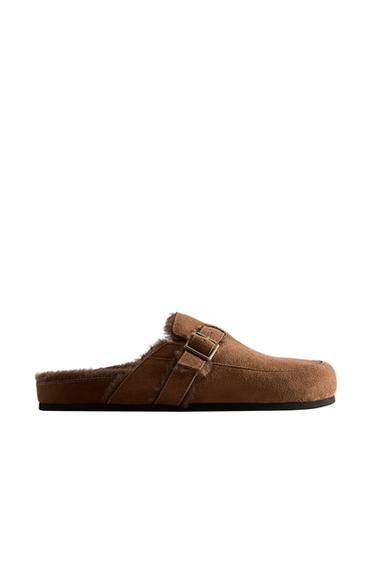 WARM LEATHER CLOGS WITH BUCKLE - Brown by Zara