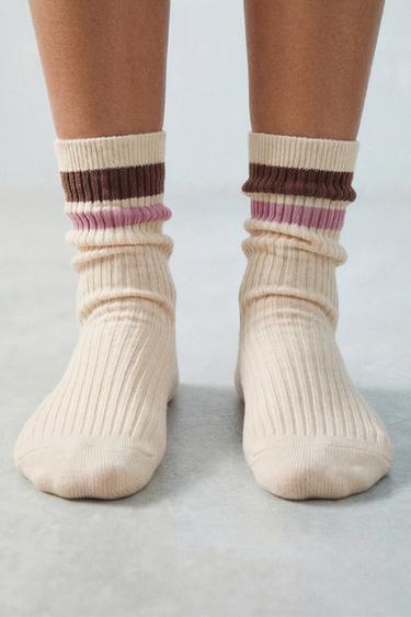 LONG STRIPED SOCKS - Ecru / Brown by Zara