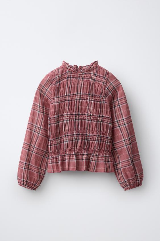 CHECK PRINT ELASTICATED SHIRT - Dusty pink by Zara - Image 0