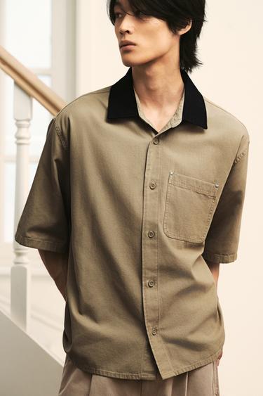 RELAXED FIT SHIRT WITH CONTRAST COLLAR - Beige by Zara