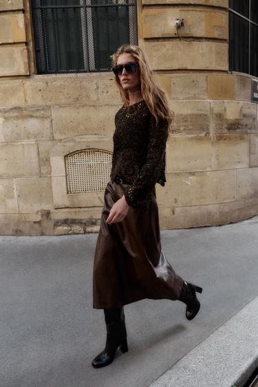 CROCHET LONG SLEEVE JUMPER - Dark brown by Zara