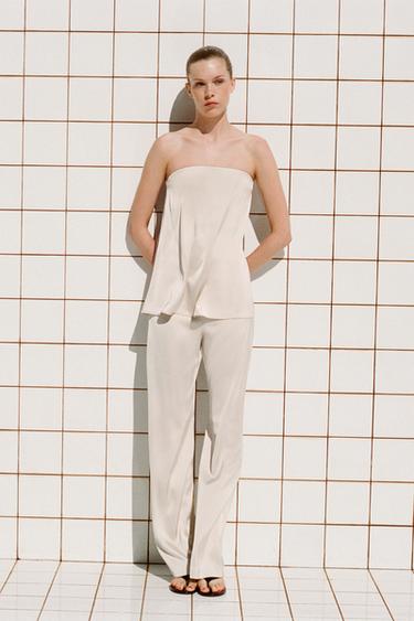 HIGH-WAIST SATIN TROUSERS - Grey / Beige by Zara