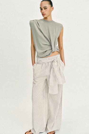 WIDE-LEG TROUSERS WITH SCARF DETAIL - Ecru / Brown by Zara