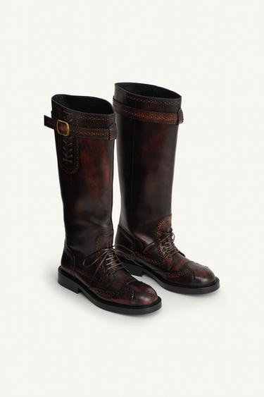 LEATHER BROGUE KNEE-HIGH BOOTS LIMITED EDITION - Brown by Zara