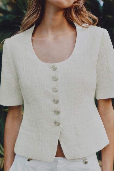 SHORT SLEEVE JACQUARD JACKET - Ecru by Zara