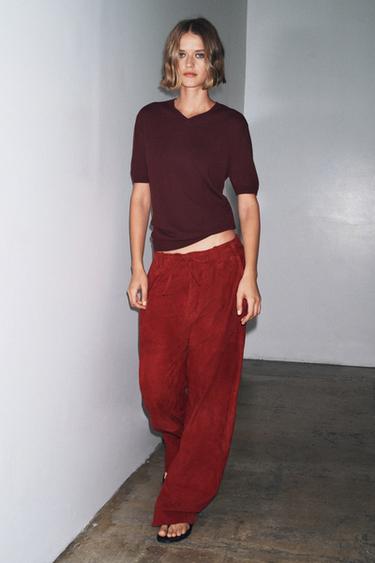 100% WOOL KNIT SHORT SLEEVE JUMPER - Wine by Zara