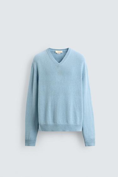 COTTON-LINEN V-NECK JUMPER - Light blue by Zara