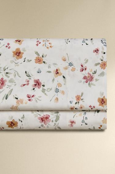 FLORAL COTTON PERCALE FLAT SHEET (200 THREAD COUNT) - Oyster-white by Zara