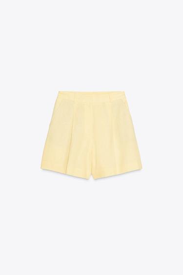 HIGH-WAIST LINEN BLEND BERMUDA SHORTS - Yellow by Zara