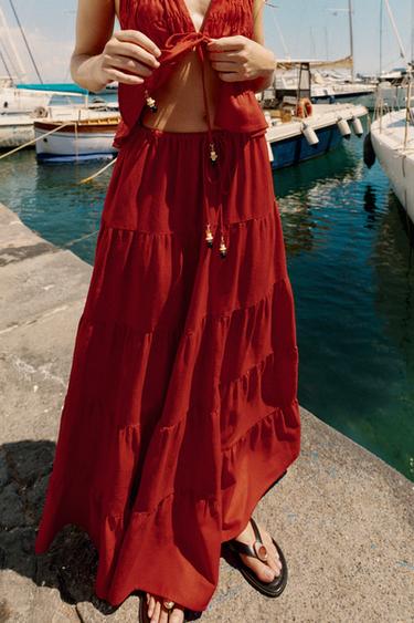 GATHERED LINEN BLEND MIDI SKIRT - Burgundy by Zara