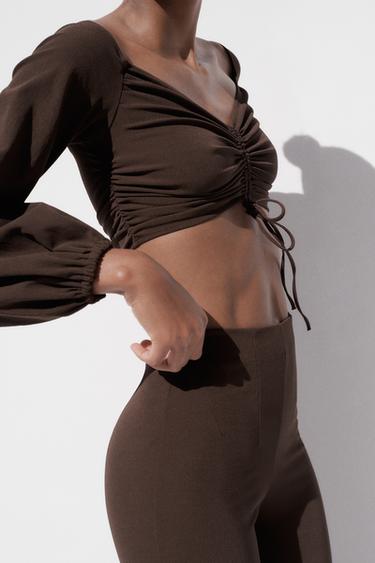 STRETCH GATHERED CROP TOP - Dark brown by Zara