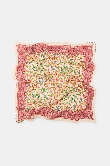 FLORAL BEADED SILK BANDANA SCARF - Ecru by Zara