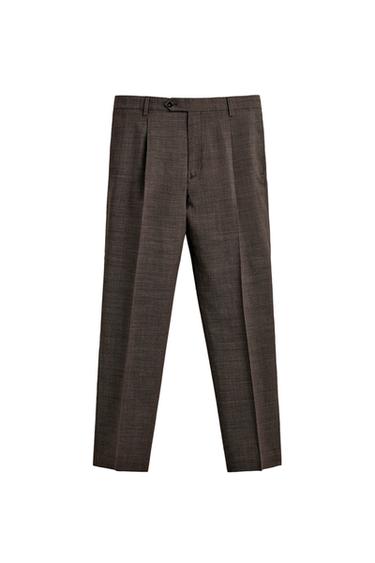 100% WOOL TEXTURED SUIT TROUSERS WITH PLEATS - Brown by Zara