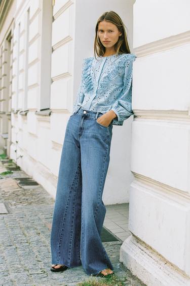 SHIRT WITH CUTWORK EMBROIDERY - Pastel blue by Zara - Image 0