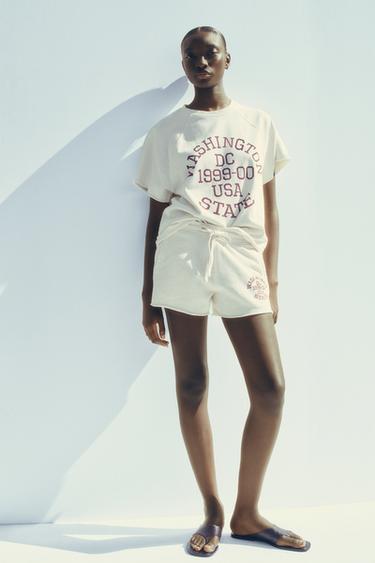 WASHED-EFFECT TEXT SWEATSHORTS - Ecru by Zara - Image 0
