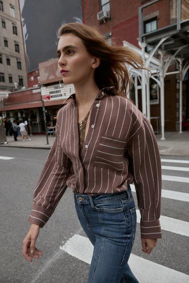 STRIPED SHIRT WITH POCKET - Brown / Ecru by Zara