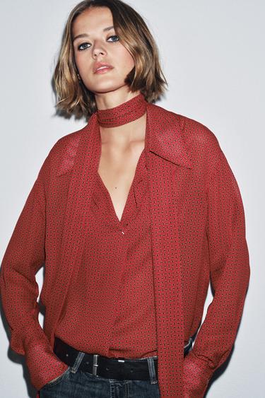 ZW COLLECTION PRINTED BLOUSE WITH BOW DETAIL - Red by Zara