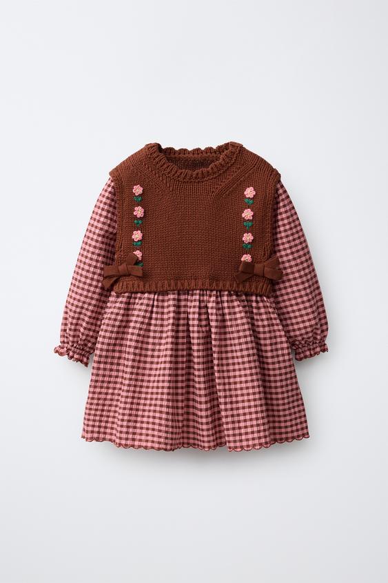 GINGHAM PRINT DRESS WITH EMBROIDERED FLOWERS - Fuchsia by Zara - Image 0