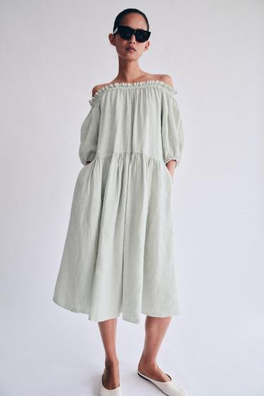 ZW COLLECTION 100% LINEN MIDI DRESS - Sea green by Zara