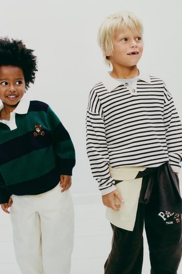 STRIPED KNIT POLO SHIRT - Ecru / Brown by Zara