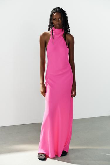 LONG HALTERNECK DRESS WITH TIE - Neon pink by Zara
