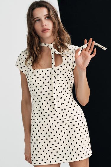 POLKA DOT SHORT DRESS WITH TIE DETAIL - Ecru / Black by Zara