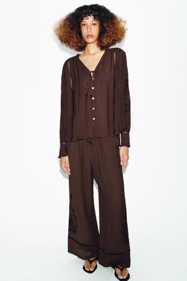 WIDE-LEG TROUSERS WITH LACE EMBROIDERY - Brown by Zara