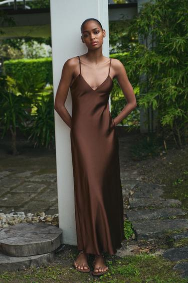 SATIN MIDI DRESS - Dark mink by Zara