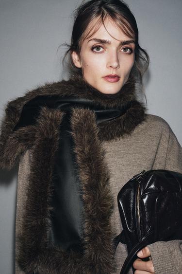 CONTRAST FAUX LEATHER SHEEPSKIN SCARF - Brown by Zara - Image 0