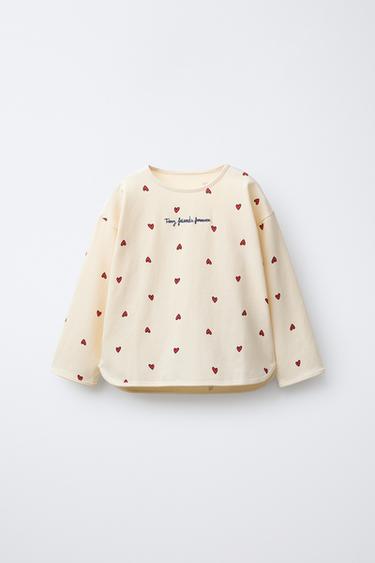 HEART PRINT T-SHIRT WITH EMBROIDERED TEXT - Ecru by Zara