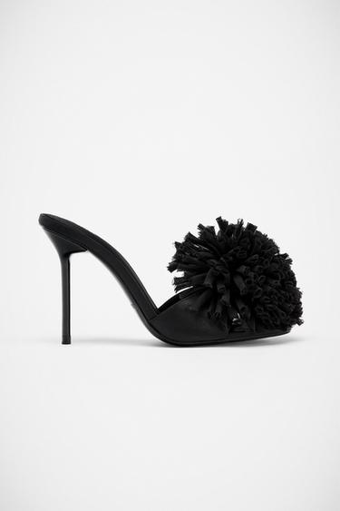 MAXI POMPOM SLINGBACK MULE SANDALS - Black by Zara