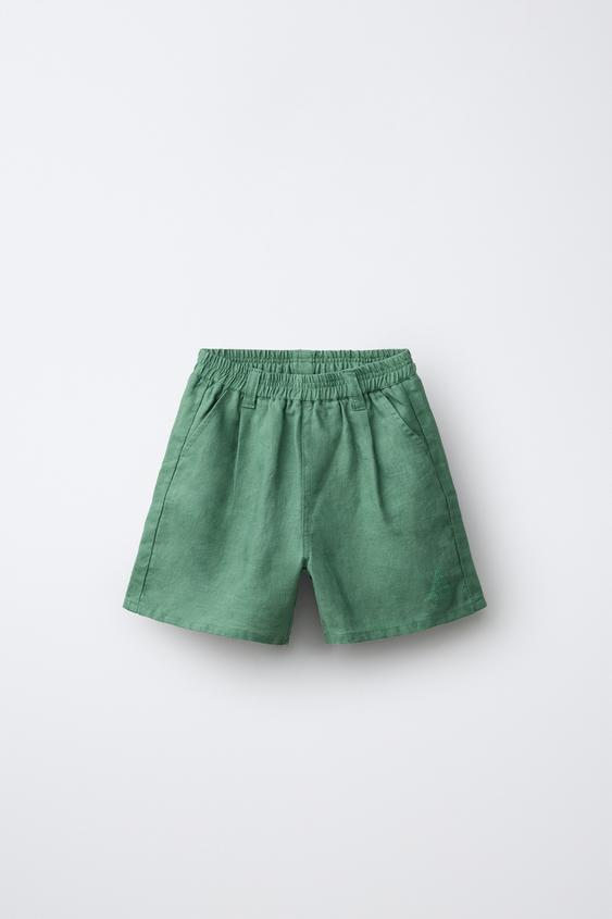 EMBROIDERED 100% LINEN BERMUDA SHORTS - Green by Zara - Image 0