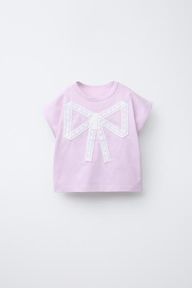 LACE BOW T-SHIRT - Mauve by Zara