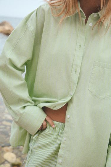 OVERSIZE STRIPED POPLIN SHIRT - Green/White by Zara