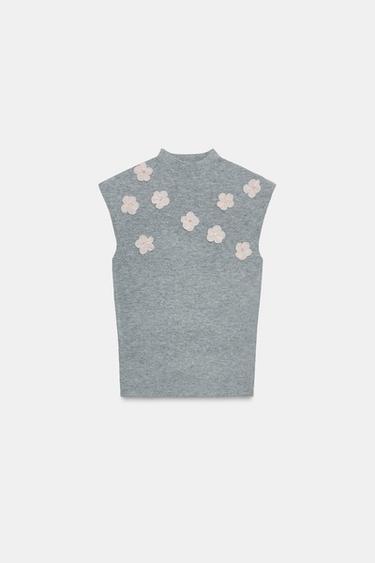JEWEL EMBELLISHED RELIEF FLORAL TOP - Grey by Zara